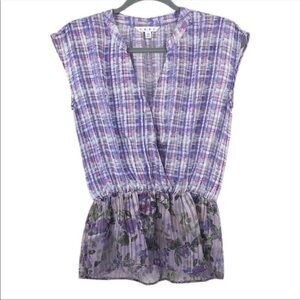 Cabi Eva Peplum Top Purple Floral & Plaid Print Size XS V Neck Pleated Style 731